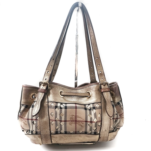Burberry Gold/Beige Lazer Cut Check Haymarket Drawstring Tote - Picture 7 of 13